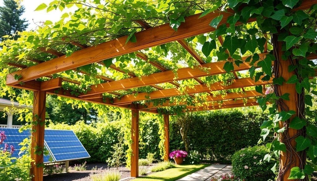 Pergolato fotovoltaico integrato con elementi naturali