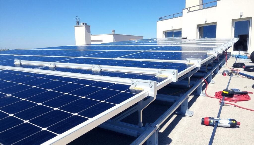 Installation de panneaux solaires avec étriers et rails aluminium