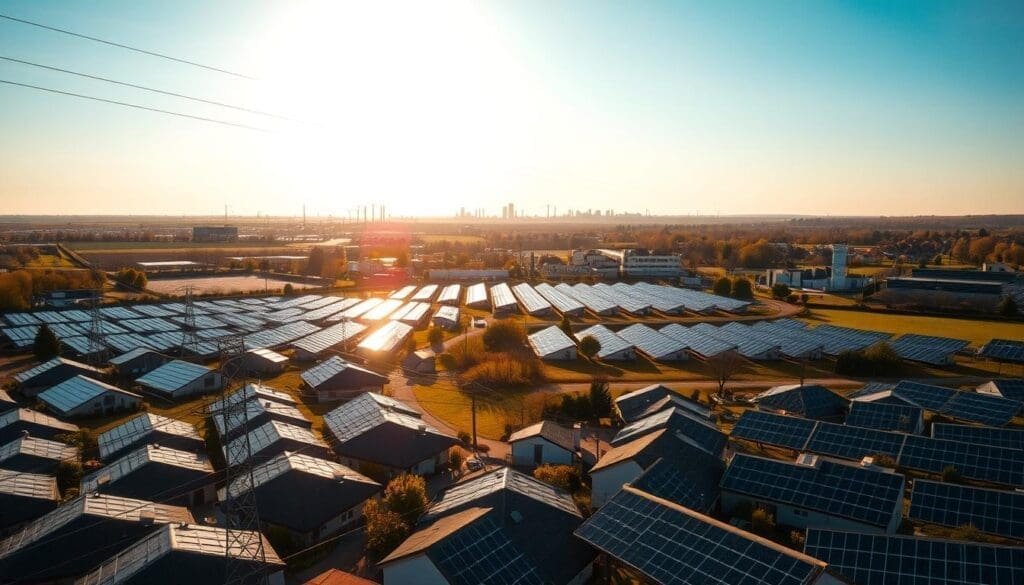 Réseau électrique et panneaux solaires à Caen