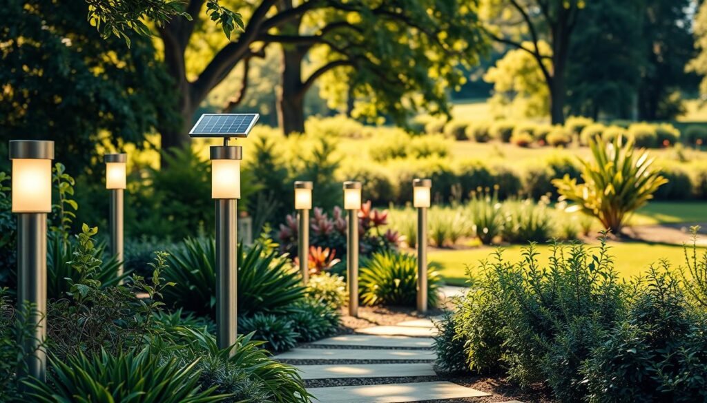 Bornes solaires écologiques dans un jardin