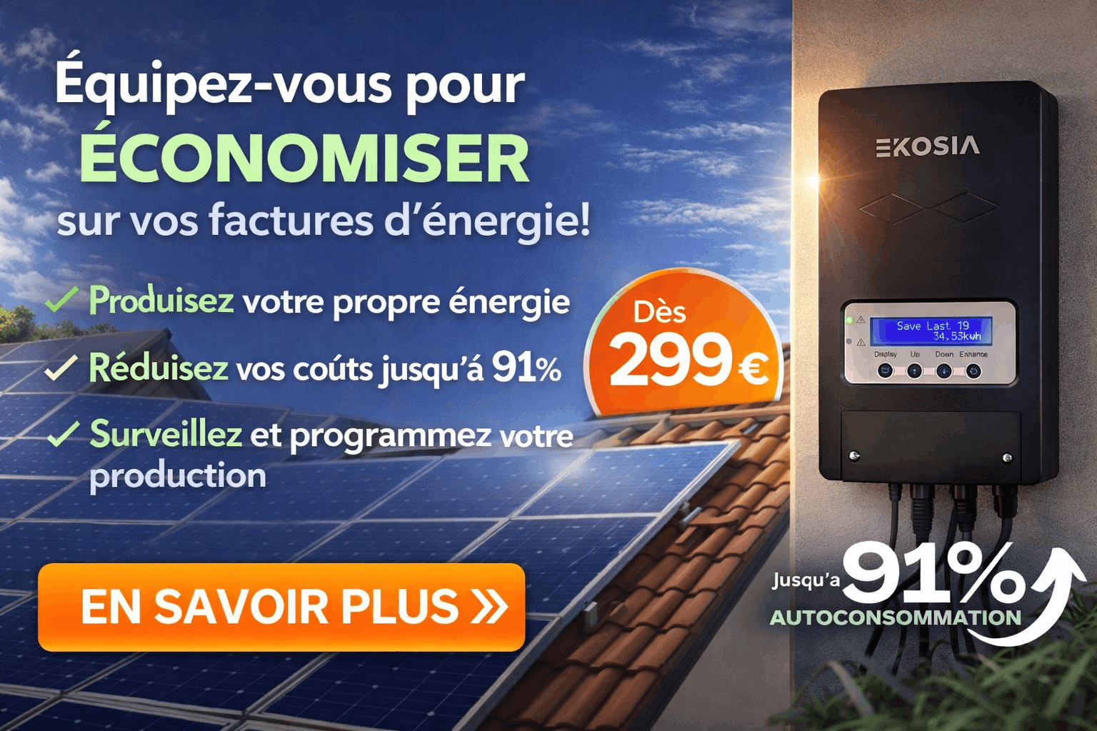 Routeur solaire EKOSIA installé en façade de maison avec panneaux photovoltaïques, dédié au chauffe-eau électrique, permettant de rediriger automatiquement le surplus solaire pour produire de l’eau chaude et réduire la facture d’énergie jusqu’à 91 % d’autoconsommation.