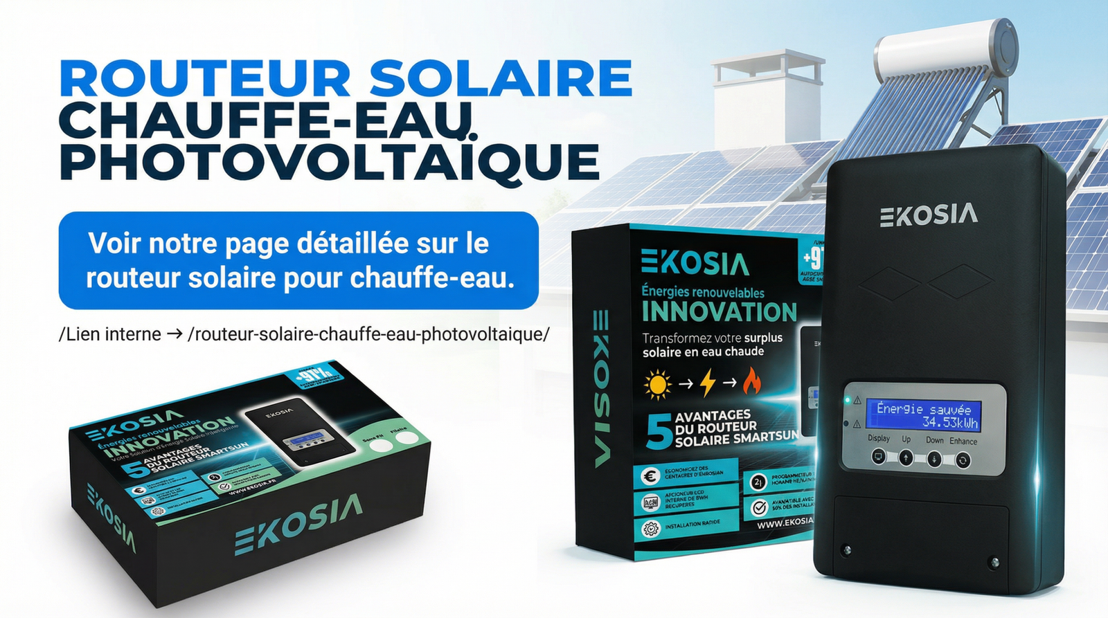 Routeur solaire EKOSIA SmartSun — écran LCD affichant les kWh récupérés, deux sorties pour chauffe-eau et chauffe-serviettes