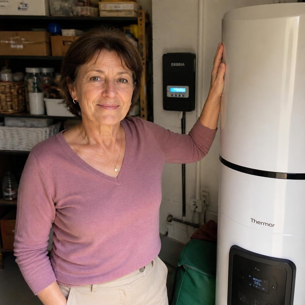 Ekosia — Routeur solaire SmartSun · Transformez votre surplus en eau chaude 1 Sylvie, cliente Ekosia, 54 ans, Loire-Atlantique, avec son routeur solaire