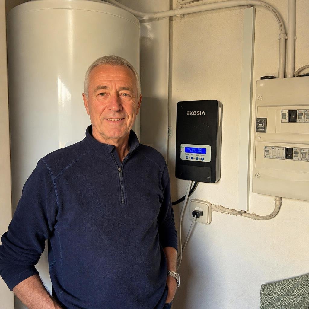 Ekosia — Routeur solaire SmartSun · Transformez votre surplus en eau chaude 3 Michel, client Ekosia, 66 ans, Drôme, frère de Patrick, avec son routeur solaire