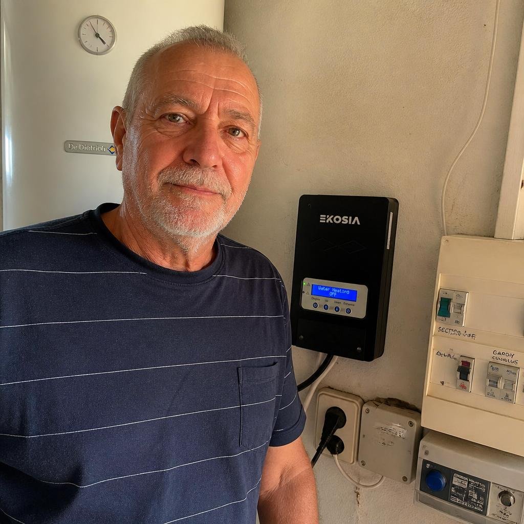 Ekosia — Routeur solaire SmartSun · Transformez votre surplus en eau chaude 2 Patrick, client Ekosia, 67 ans, Drôme, avec son routeur solaire