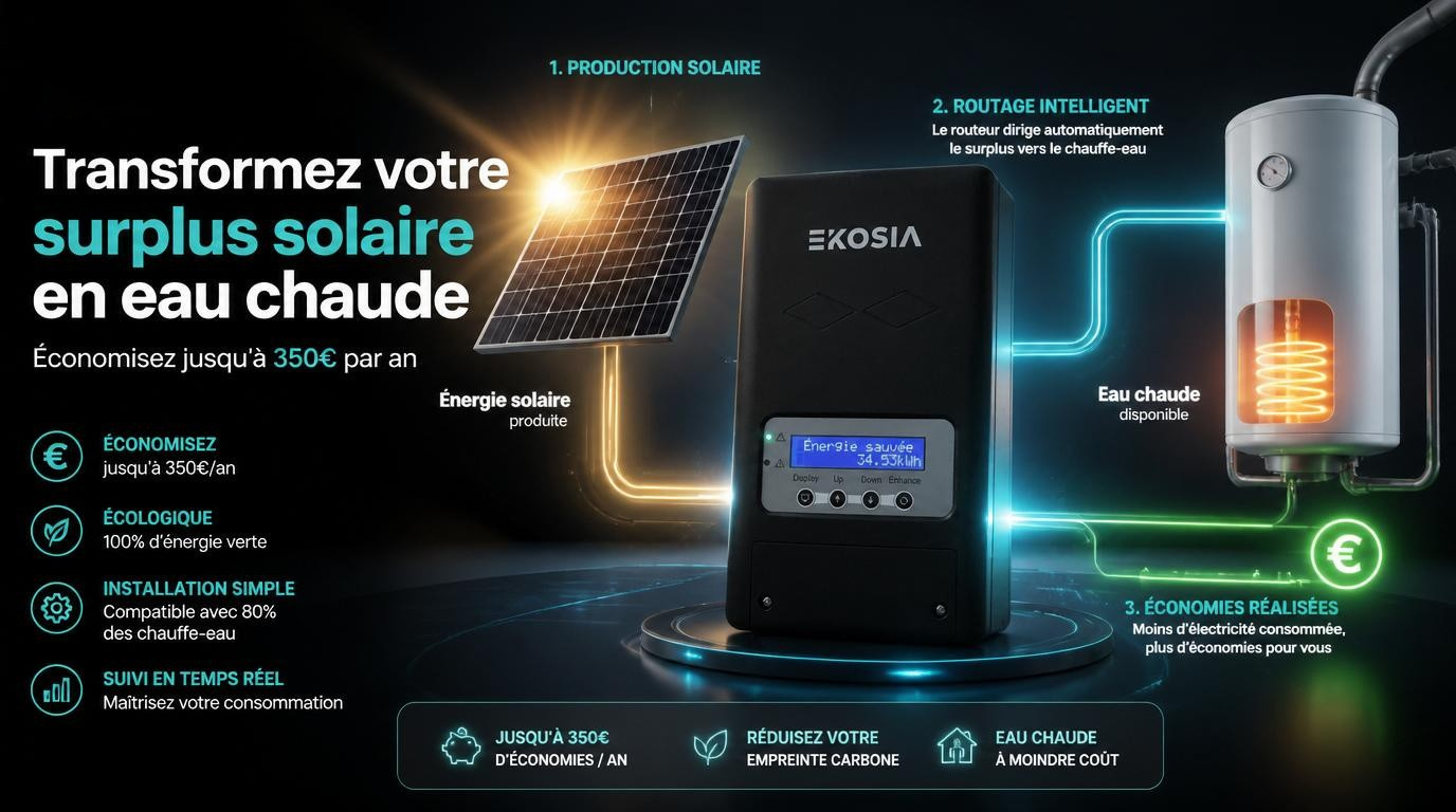 Routeur solaire EKOSIA SmartSun — transformez votre surplus solaire en eau chaude, jusqu'à 350 € d'économies par an