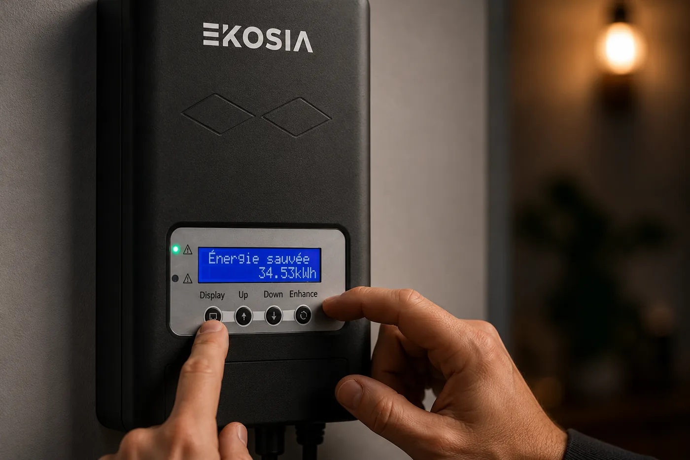 Routeur solaire Ekosia SmartSun installe au mur, afficheur indiquant l'energie economisee