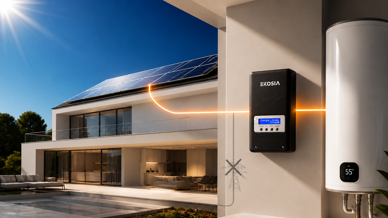 Routeur solaire Ekosia SmartSun fixe au mur, detournant le surplus des panneaux photovoltaiques vers le chauffe-eau au lieu du reseau