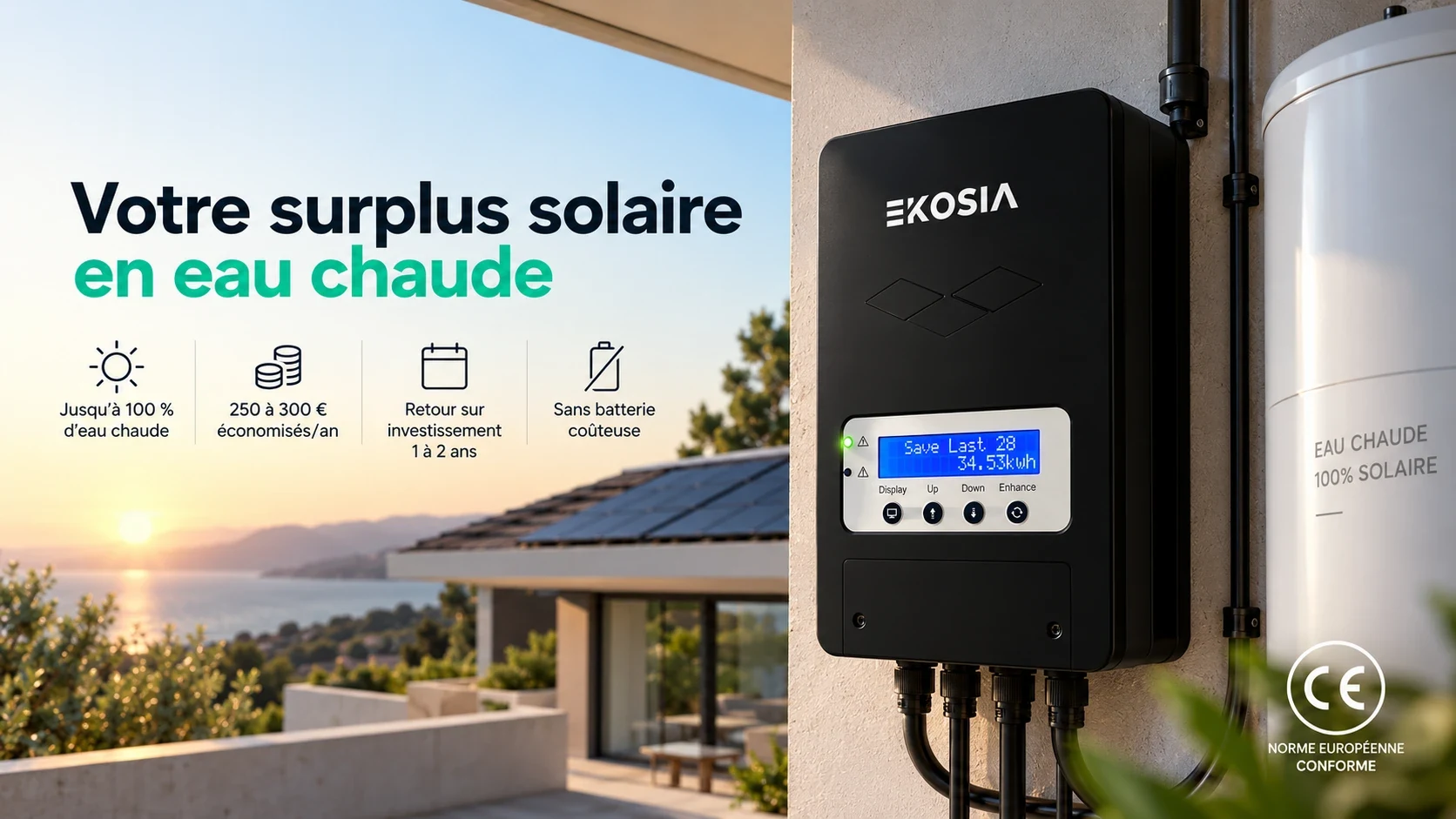 Ekosia — Routeur solaire SmartSun · Transformez votre surplus en eau chaude 1 Routeur solaire EKOSIA SmartSun installe au mur a cote d un chauffe-eau, afficheur allume, maison avec panneaux solaires au coucher du soleil