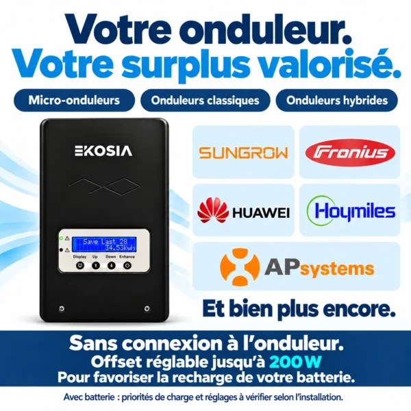 Le SmartSun fonctionne avec les micro-onduleurs, onduleurs classiques et hybrides Sungrow, Fronius, Huawei, Hoymiles et APsystems, sans connexion à l'onduleur