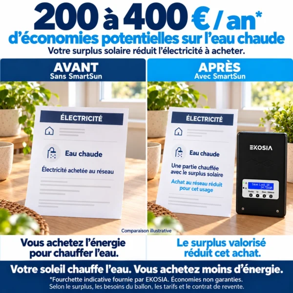 Comparaison avant et après SmartSun sur la facture d'eau chaude : 200 à 400 euros par an d'économies potentielles, fourchette indicative non garantie