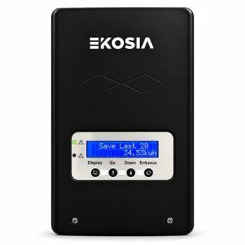 Routeur solaire EKOSIA SmartSun de face, écran rétroéclairé affichant les kWh récupérés sur 28 jours