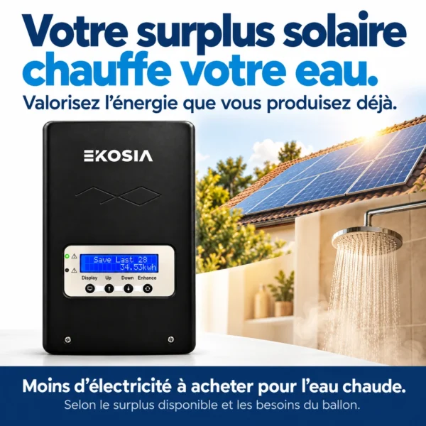 Le routeur solaire SmartSun devant des panneaux photovoltaïques et une douche : le surplus solaire chauffe l'eau au lieu de partir au réseau